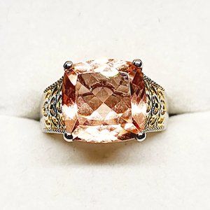 Morganite Quartz solitaire ring in 18K YG & Platinum over brass 7.15 cts size 6
